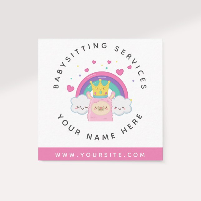 Cute Llama Kawaii Clouds Pink Daycare Rainbow Kids Square Business Card (Creator Uploaded)