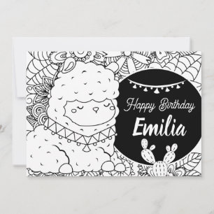Cute Llama Kids Birthday Floral Colouring Holiday Card