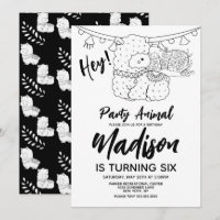 Cute Llama Kids Birthday Party Black White