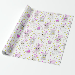 Cute Llama, Kitten and Mouse Cupcake Purple Girl's Wrapping Paper