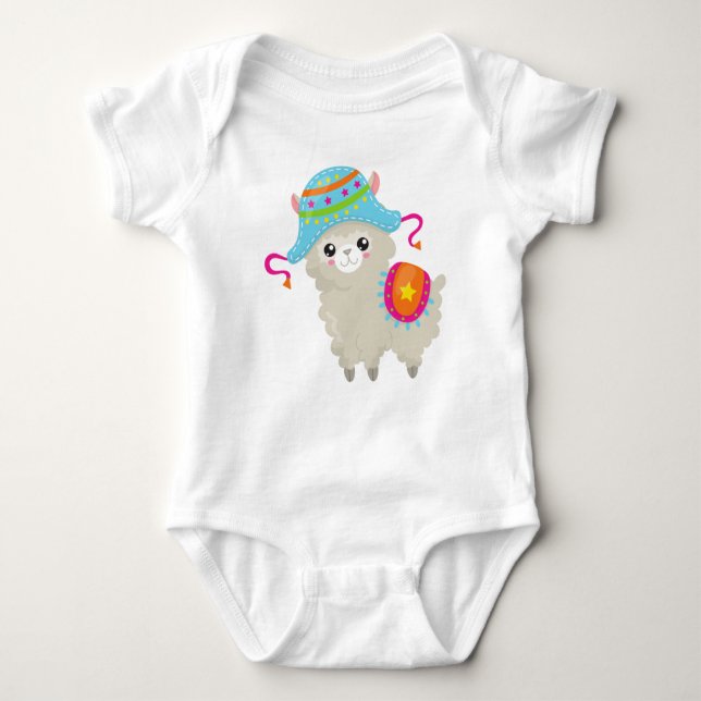 Cute Llama, Little Llama, Alpaca, Llama With Hat Baby Bodysuit (Front)