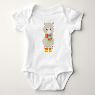 Cute Llama, Little Llama, Alpaca, Llama With Scarf Baby Bodysuit