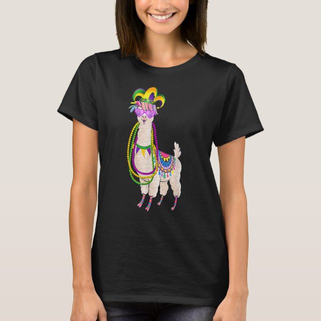 Cute Llama Mardi Gras Beads Mask Carnival Party Me T-Shirt (Front)