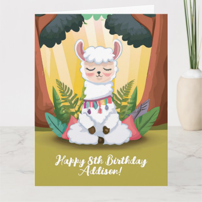 Cute Llama Meditating in Magical Forest Birthday Card (Front)
