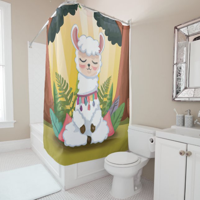 Cute Llama Meditating in Magical Forest Shower Curtain (In Situ)