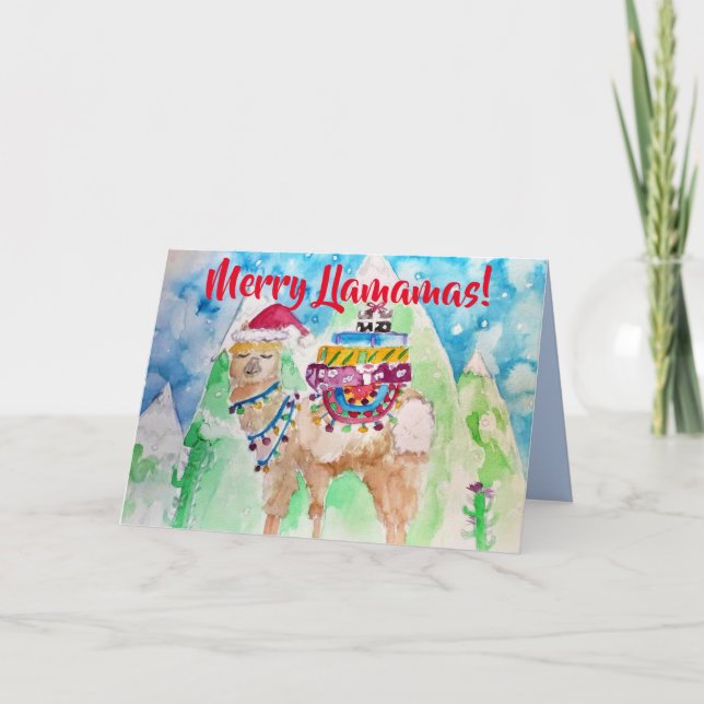 Cute Llama Merry Llamamas Art Christmas Card (Front)