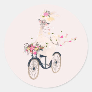Cute Llama on Bike Classic Round Sticker