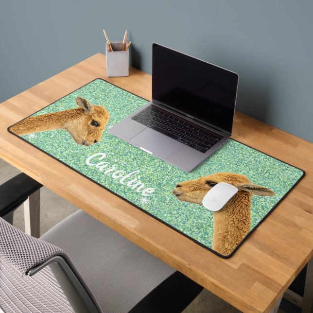 Cute Llama on green Mint Glitter Personised Desk Mat (Office 2)