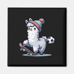 Cute Llama On Skateboard With Soccer Byll Beanie  Magnet