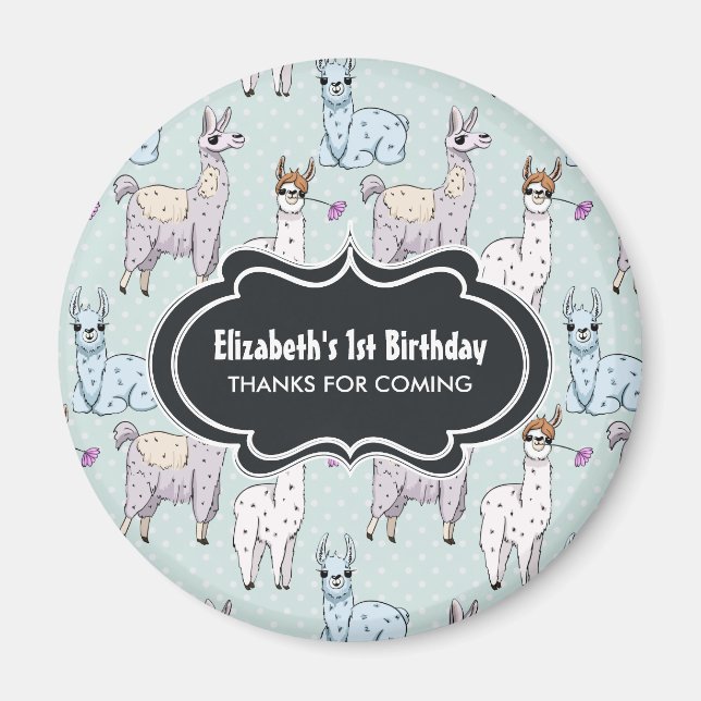Cute Llama Pattern on Polka Dots Birthday Magnet (Front)