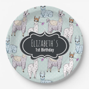 Cute Llama Pattern on Polka Dots Birthday Paper Plate
