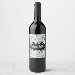 Cute Llama Pattern on Polka Dots Birthday Wine Label