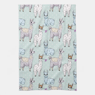 Cute Llama Pattern on Polka Dots Tea Towel