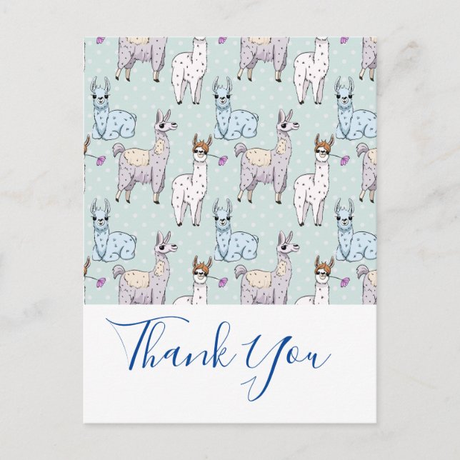 Cute Llama Pattern on Polka Dots Thank You Postcard (Front)