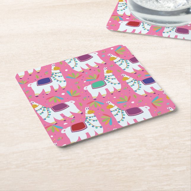Cute Llama Pattern Square Paper Coaster (Angled)