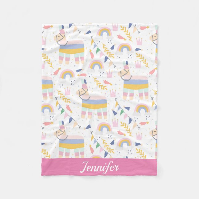 Cute Llama Personalised Rainbow Baby Nursery Fleece Blanket (Front)