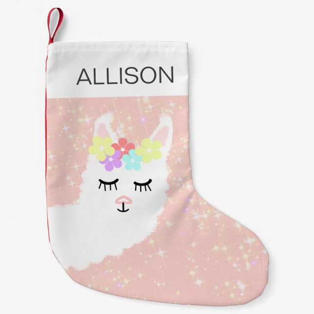 Cute Llama Pink Personalized Small Christmas Stocking (Front)