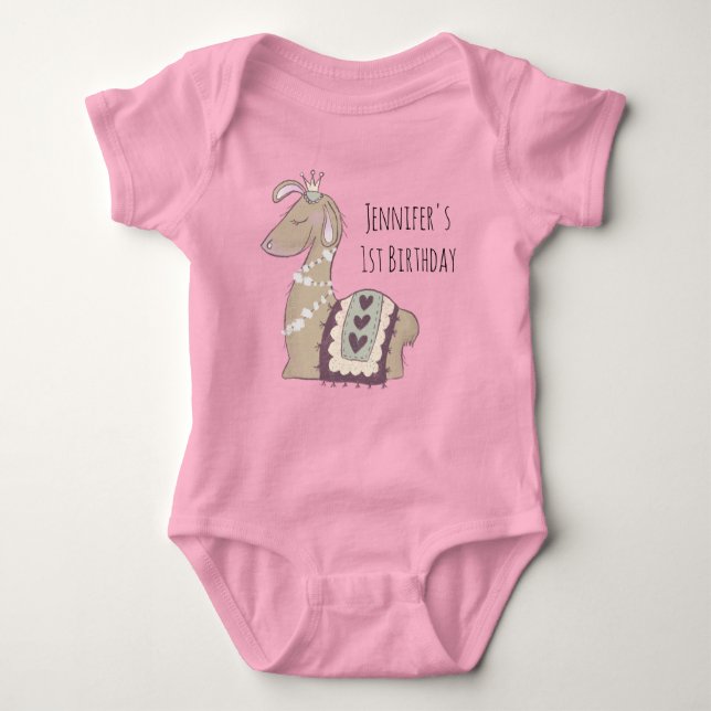 Cute Llama Princess Wearing a Crown Birthday Baby Bodysuit (Front)