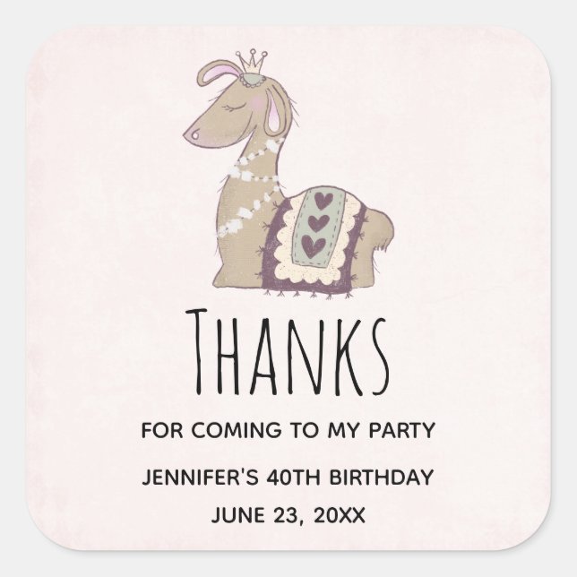 Cute Llama Princess Wearing a Crown Birthday Square Sticker (Front)