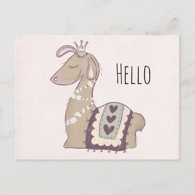 Cute Llama Princess Wearing a Crown Hello Postcard (Front)