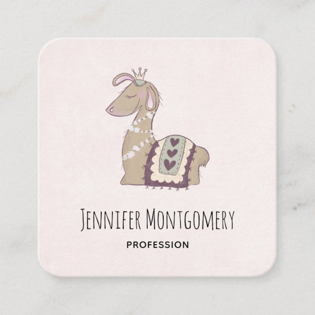 Cute Llama Princess Wearing a Crown Square Business Card (Front)