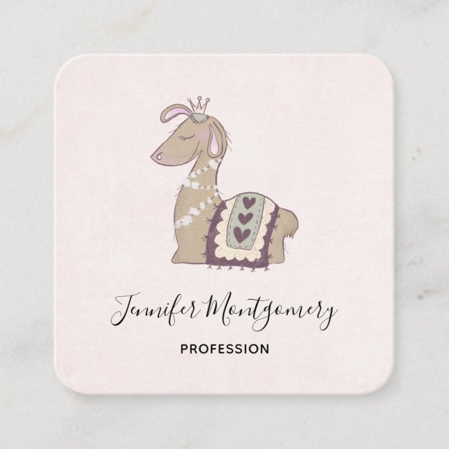 Cute Llama Princess Wearing a Crown Square Business Card (Front)