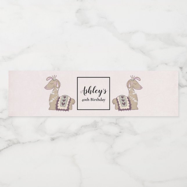 Cute Llama Princess Wearing a Crown Water Bottle Label (Single Label)