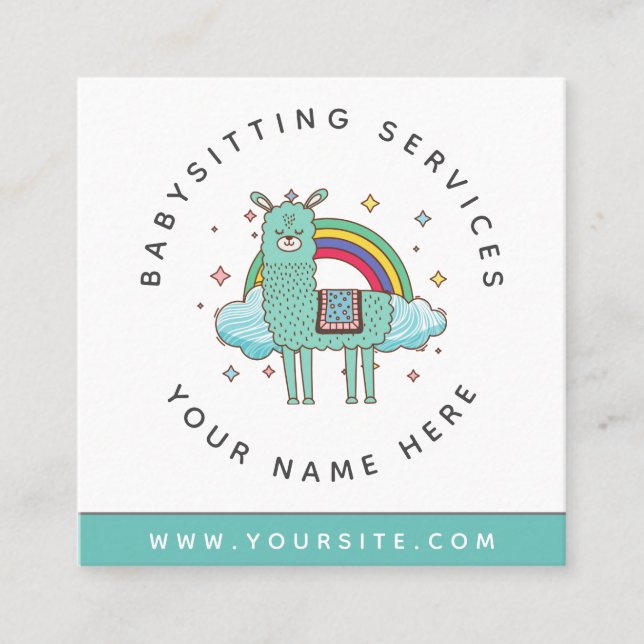 Cute Llama Rainbow Daycare Childcare Babysitter Square Business Card (Front)