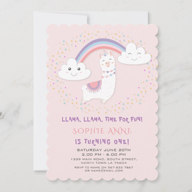 Cute Llama Rainbow Stars Blush First Birthday Invitation (Front)