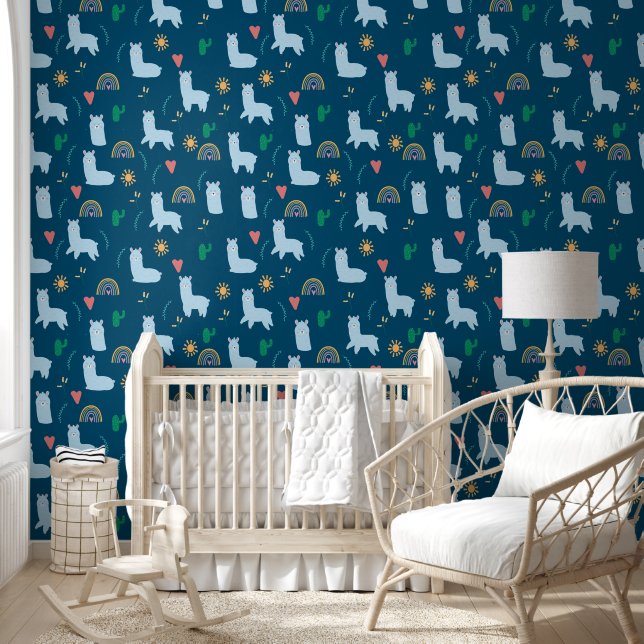 Cute Llama Rainbows in Blue Baby Boy Nursery Wallpaper (Kids)