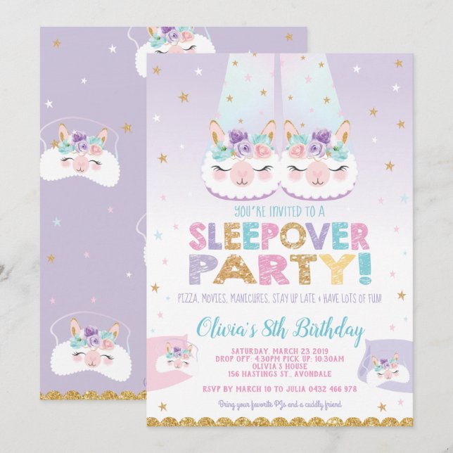 Cute Llama Sleepover Birthday Party Girls Slumber Invitation (Front/Back)