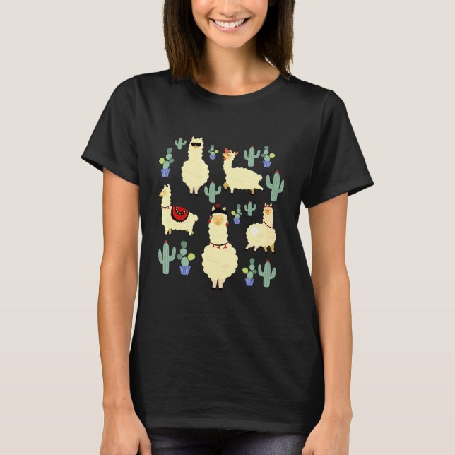 Cute Llama Squad Pose For Picture Cactus Garden T-Shirt (Front)