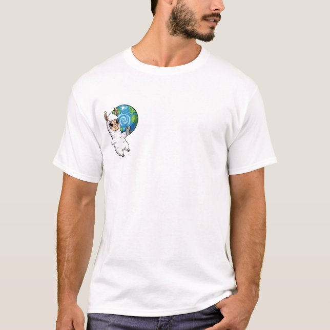 Cute Llama Taking Selfie with Planet Earth T-Shirt (Front)