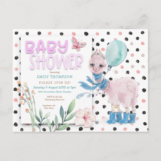 Cute Llama Wellies Dots Pink Baby Shower Invitation Postcard (Front)