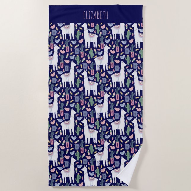 Cute Llama Whimsical Botanical Pattern Beach Towel (Front)