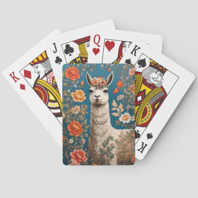 Cute Llama William Morris Inspired Floral Playing Cards (Back)