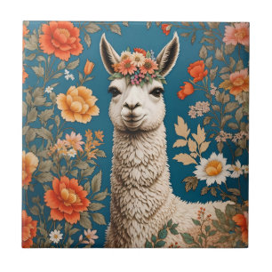 Cute Llama William Morris Inspired Floral Tile