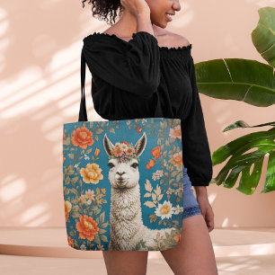 Cute Llama William Morris Inspired Floral Tote Bag