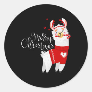 Cute Llama With Candy Cane Merry Christmas  Classic Round Sticker