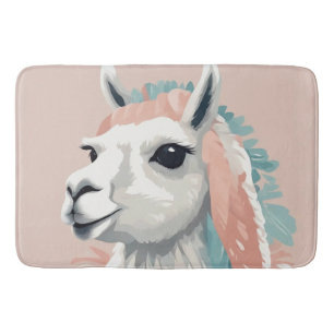 Cute Llama with Colourful Fur on its Head Bath Mat