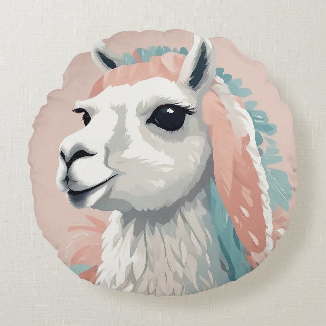 Cute Llama with Colourful Fur on its Head Round Cushion (Front)