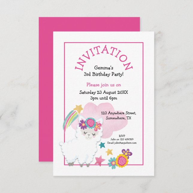 Cute Llama Young Child Birthday Party Pink Invitation (Front/Back)