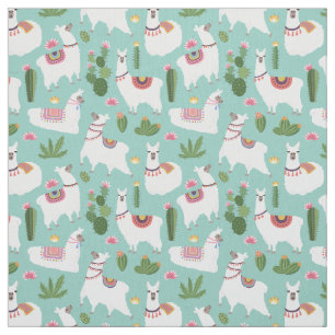 Cute Llamas On Teal Pattern Fabric