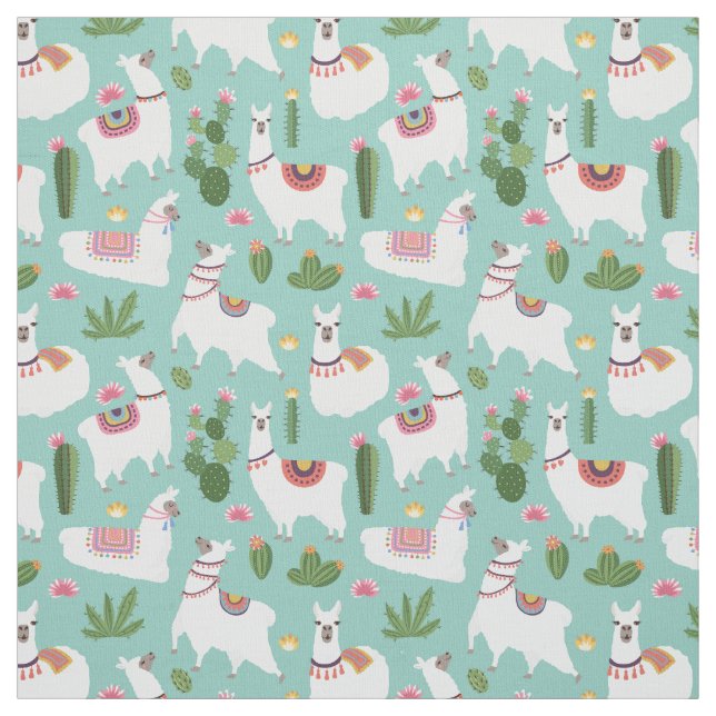 Cute Llamas On Teal Pattern Fabric (Swatch)