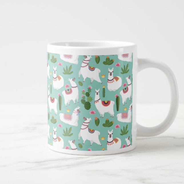 Cute Llamas On Teal Pattern Large Coffee Mug (Right)