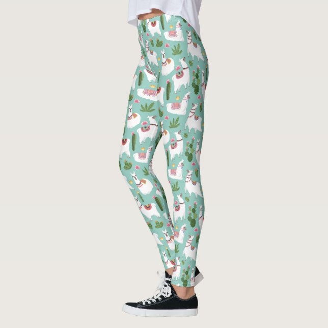 Cute Llamas On Teal Pattern Leggings (Left)