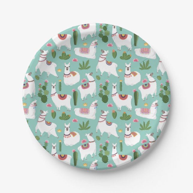 Cute Llamas On Teal Pattern Paper Plate (Front)