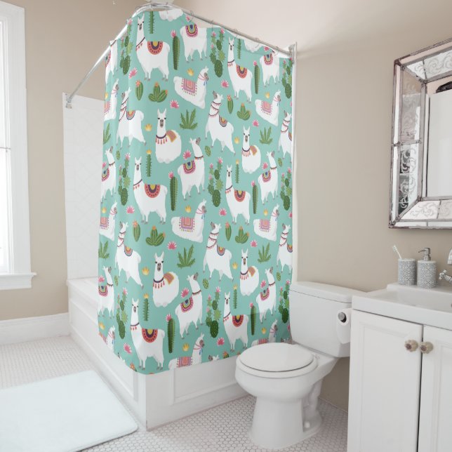Cute Llamas On Teal Pattern Shower Curtain (In Situ)