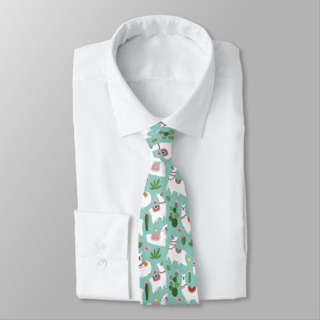 Cute Llamas On Teal Pattern Tie (Tied)