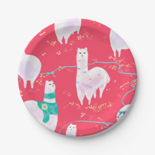 Cute llamas Peru illustration red background Paper Plate